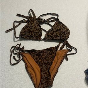 Leopard Print Tie-Side Bikini Set - Brown